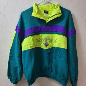 1990s Descente Pullover Sweatshirt Made In USA Teal And Lime Green Excellent